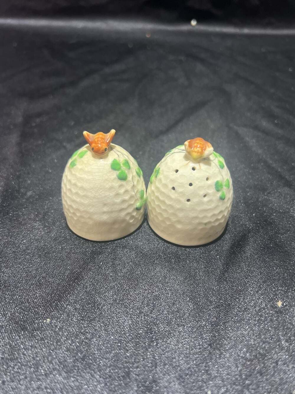Vintage Ceramic Beehive Salt and Pepper Shakers w/ Clover Design, Made in Japan